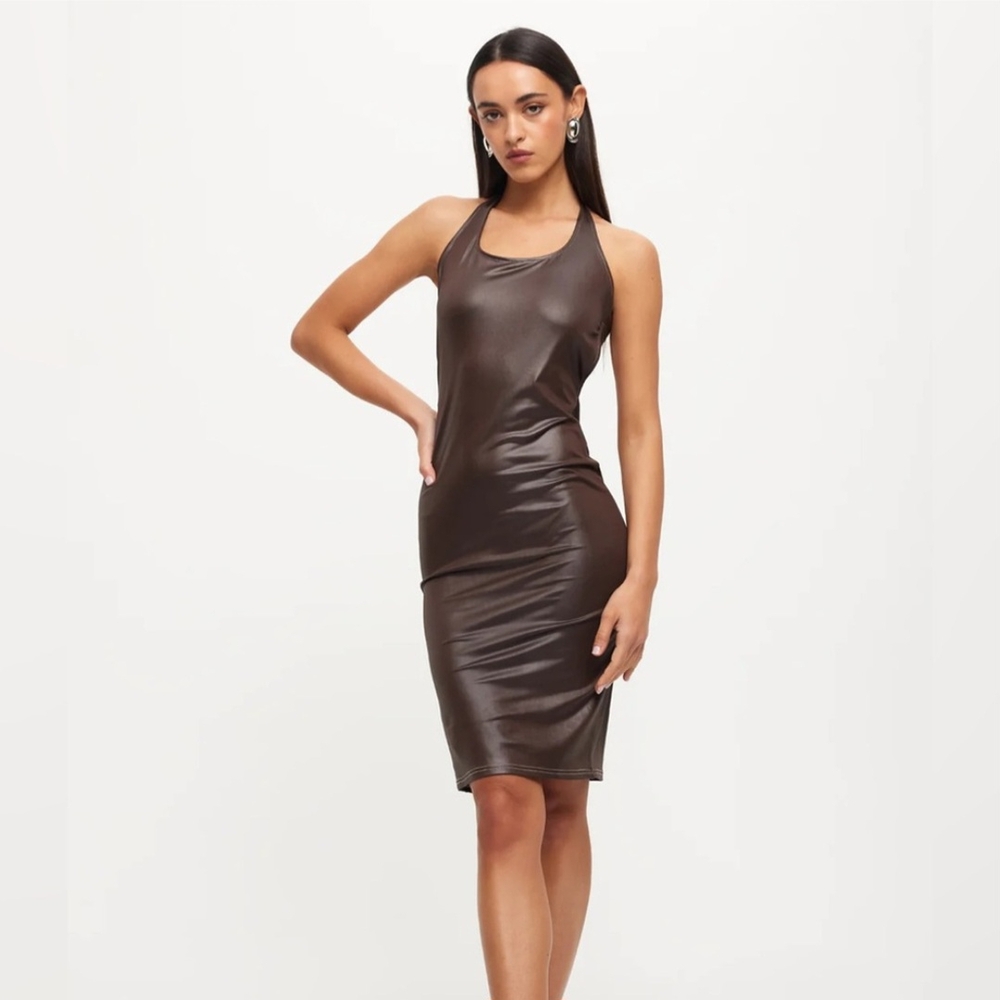 Lioness Gwyneth Chocolate Brown Backless Cutout Faux Leather Dress NWT XS